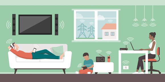 Animation of a family on electronic devices with cartoon wireless signals emanating from them. 