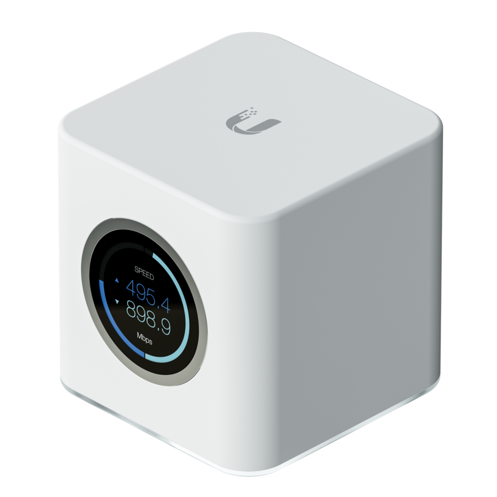 A Ubiquiti router, a white box with a black display on the front.