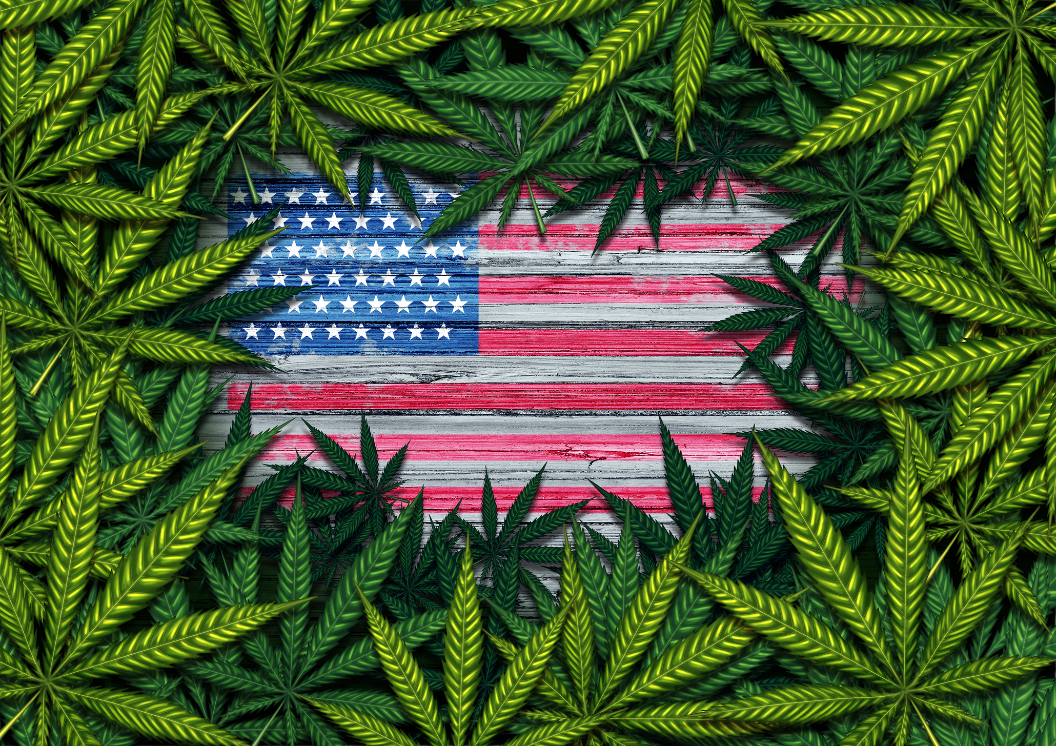 Rustic U.S. flag framed by a pile of marijuana leaves.
