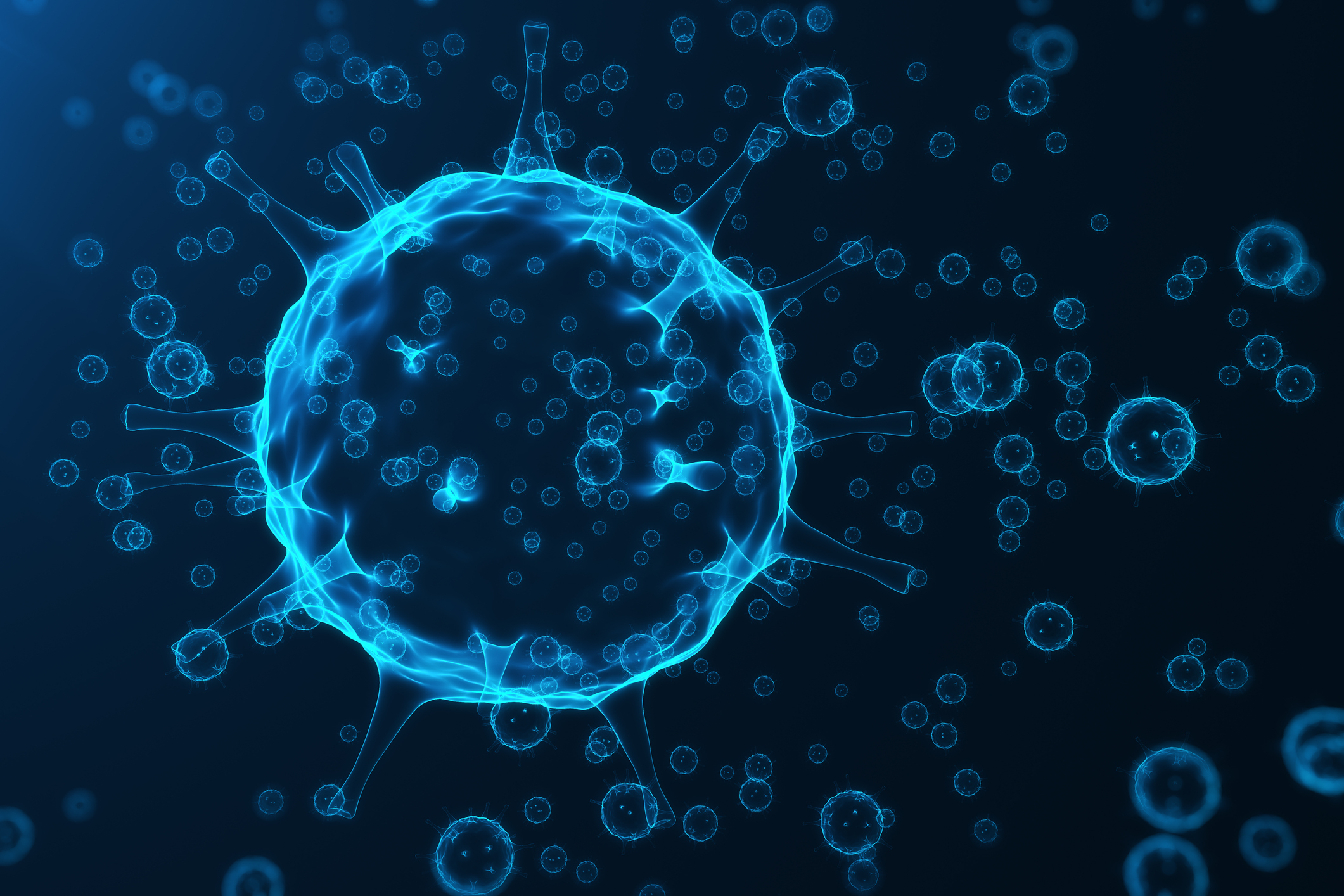 A cancer cell floating in a dark bluish fluid.
