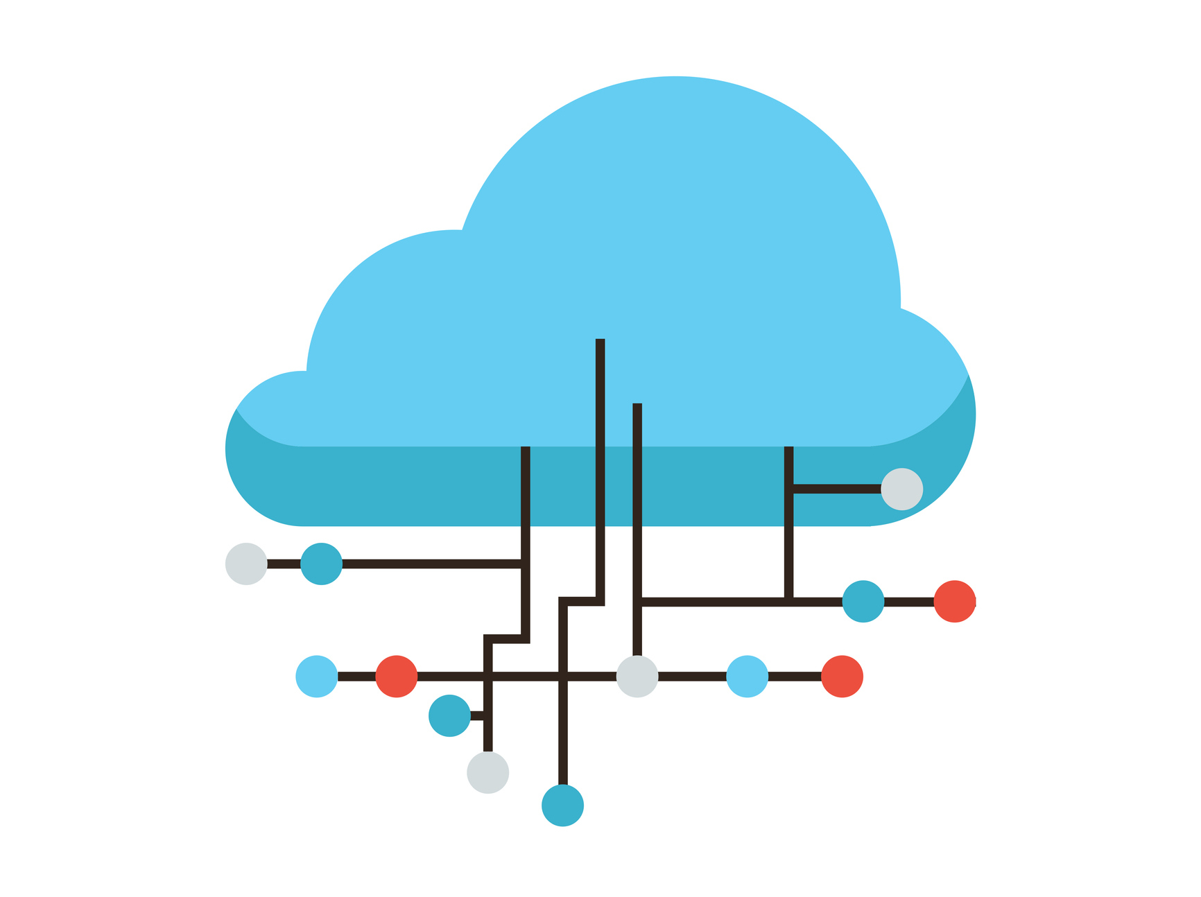 Illustration of a cloud computing concept: A blue cloud intersected by black lines representing network connections.