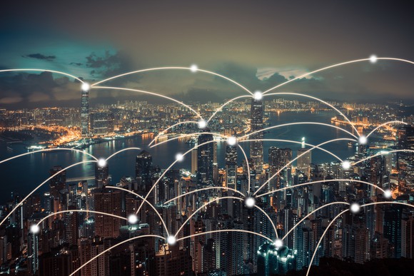 Wireless connections across the Hong Kong skyline at night
