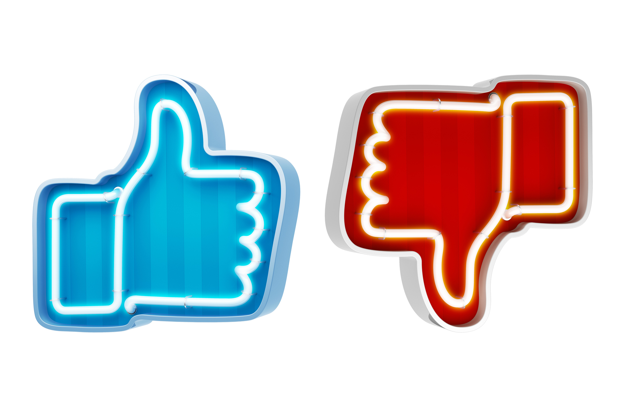 A blue neon thumbs-up sign next to a red neon thumbs-down sign