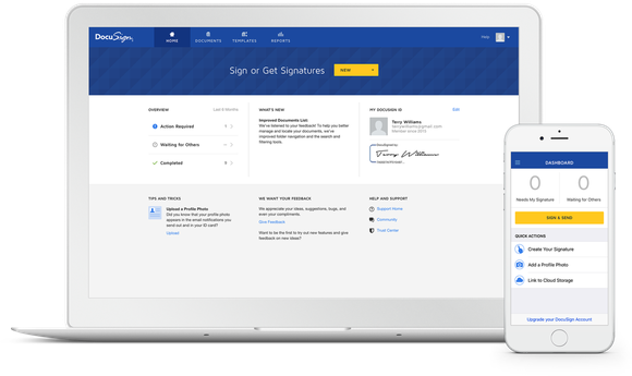 DocuSign's e-signature product on a laptop and smartphone.