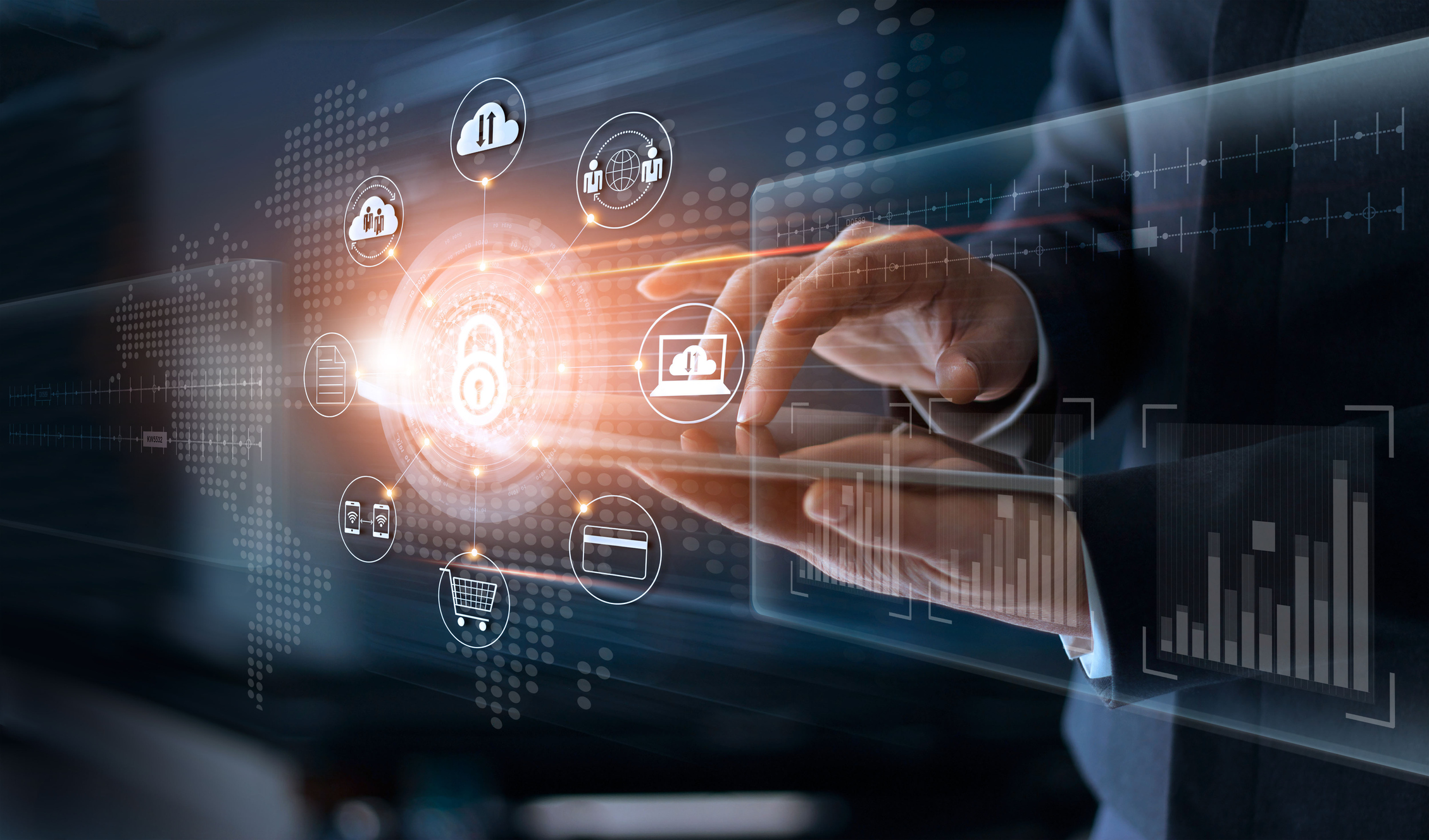 A lock icon and a person using a touch interface.