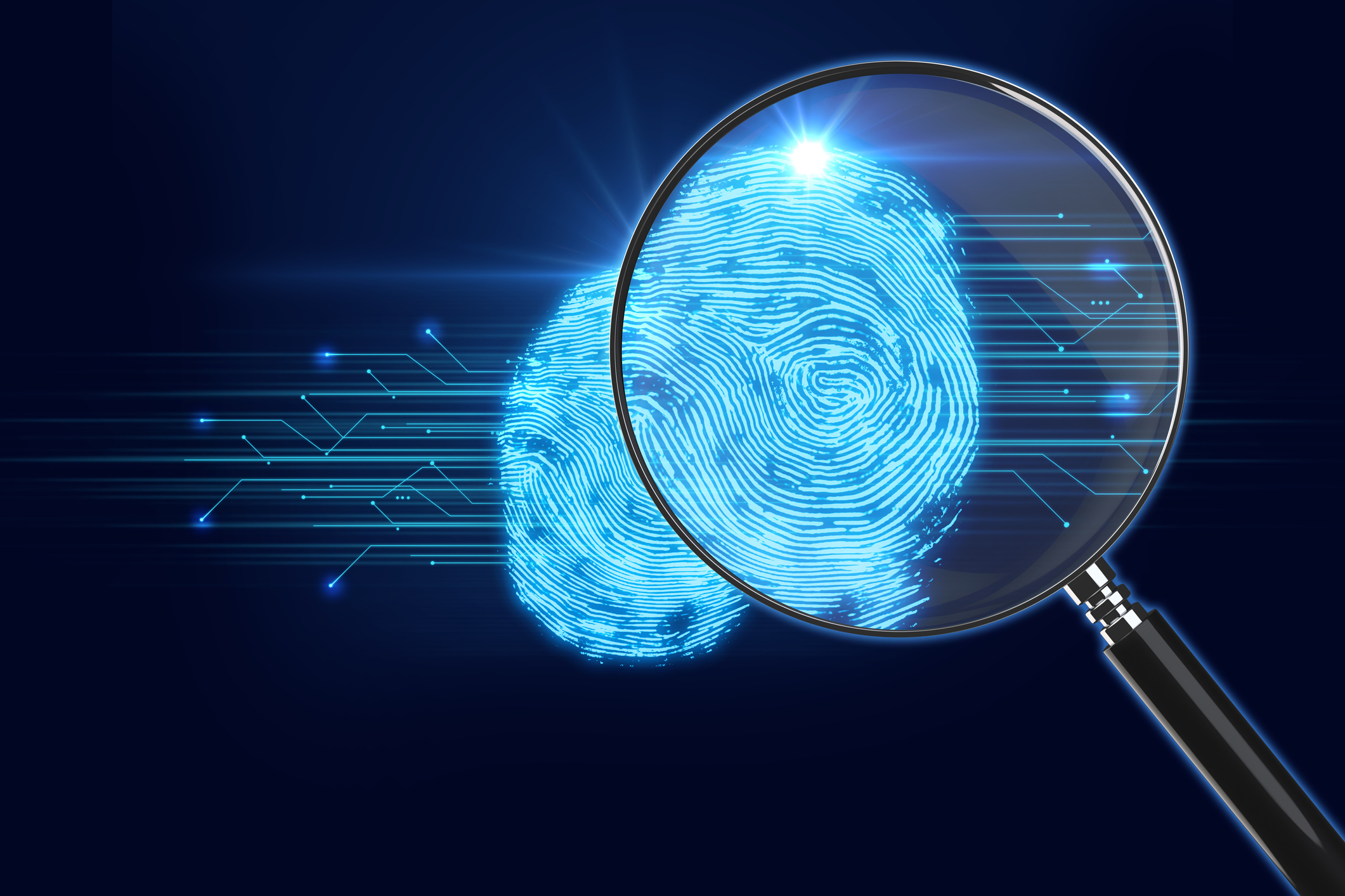 A magnifying glass looking at a fingerprint.