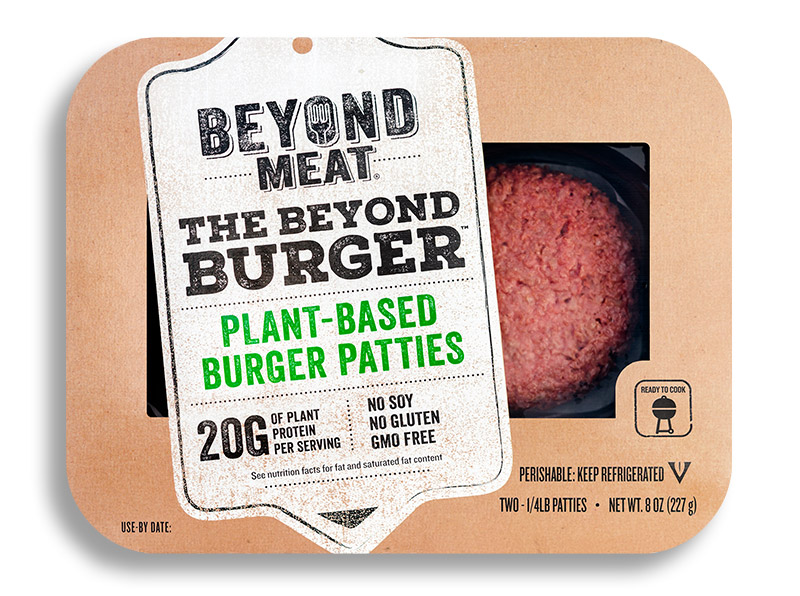 Beyond Meat plant-based burger patties packaged for retail sale.