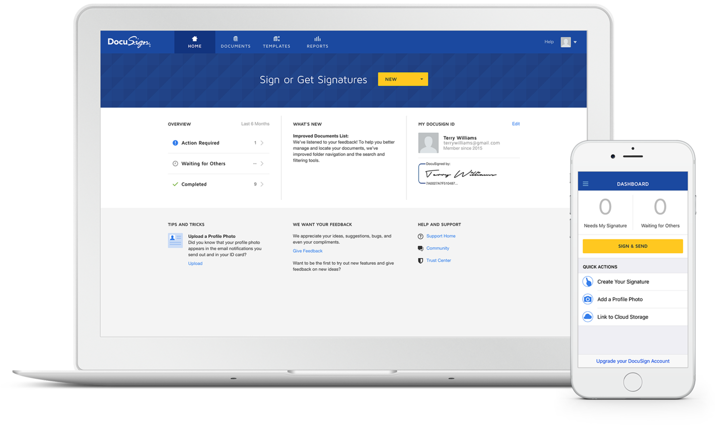 DocuSign's e-signature product on a laptop and smartphone