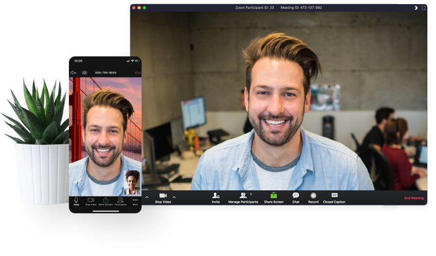 Zoom's videoconferencing platform on a smartphone and computer screen.