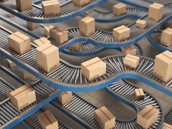 Packages on a conveyor belt.