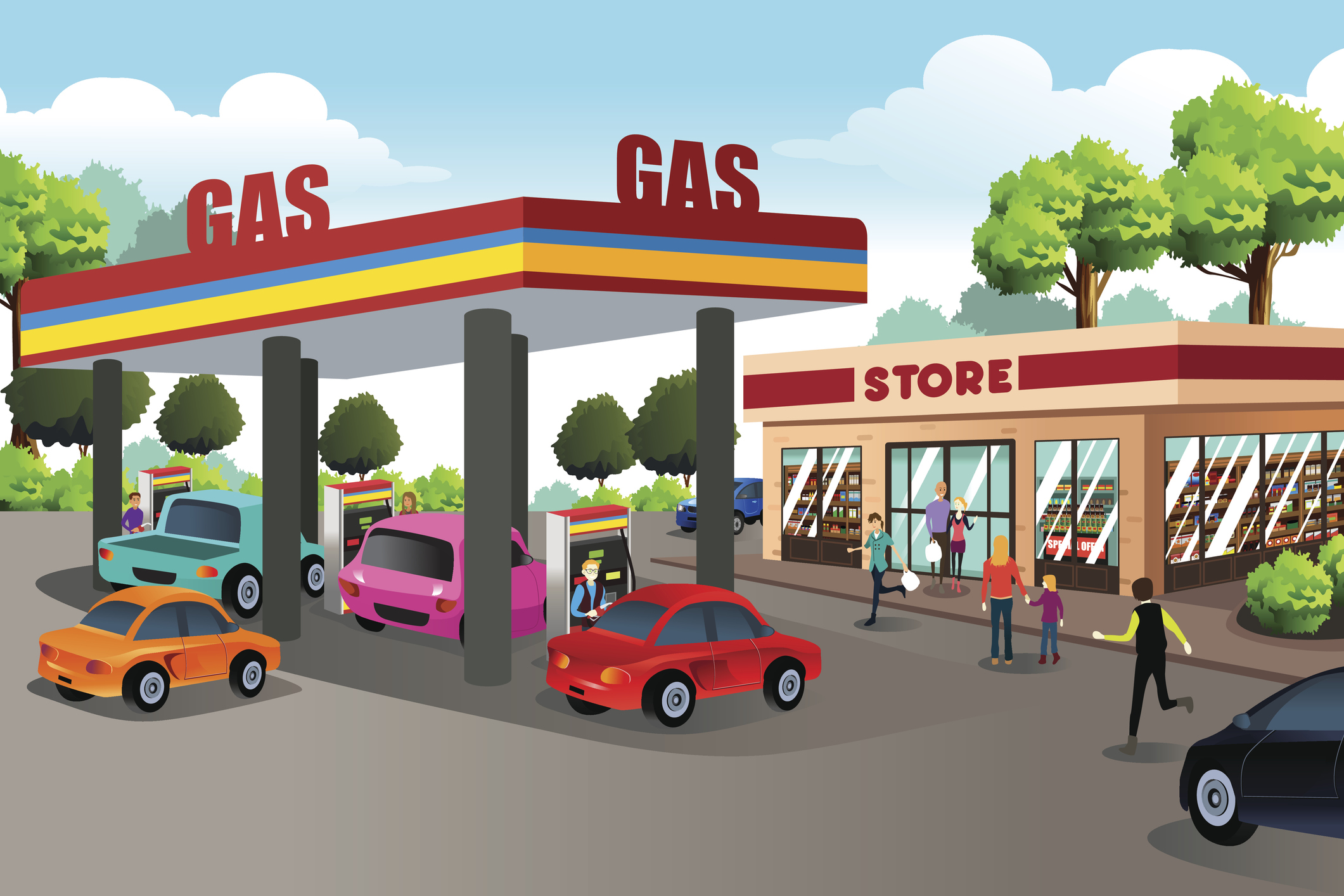 Cartoon of people at gas station and convenience store