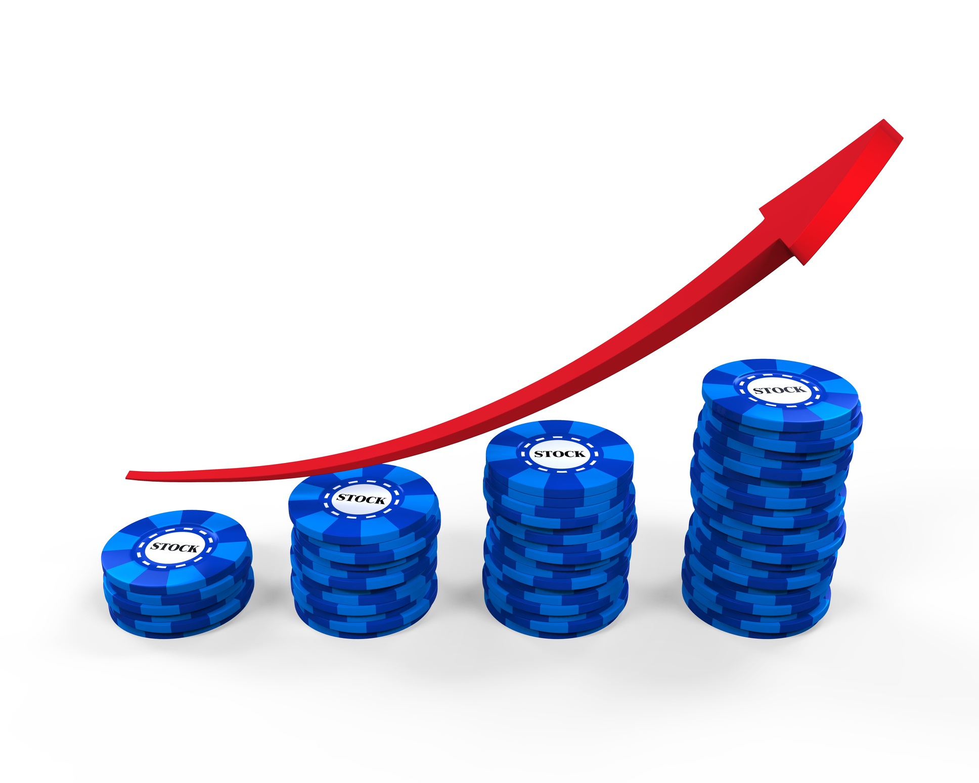 Striped poker chips in increasing stacks with a red arrow over them pointing up and to the right.