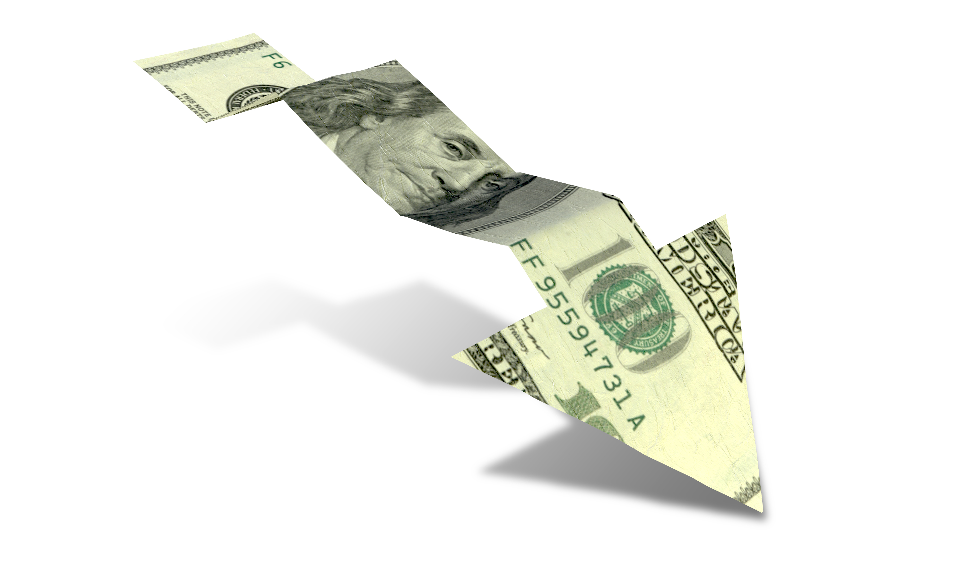 $100 bill cut to form an arrow that's pointing downward
