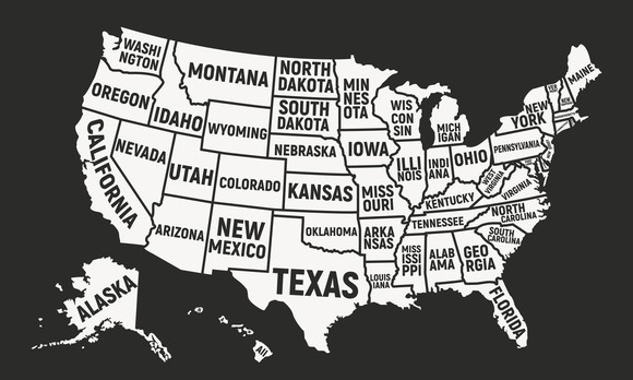 Map of the United States with states outlined and labeled