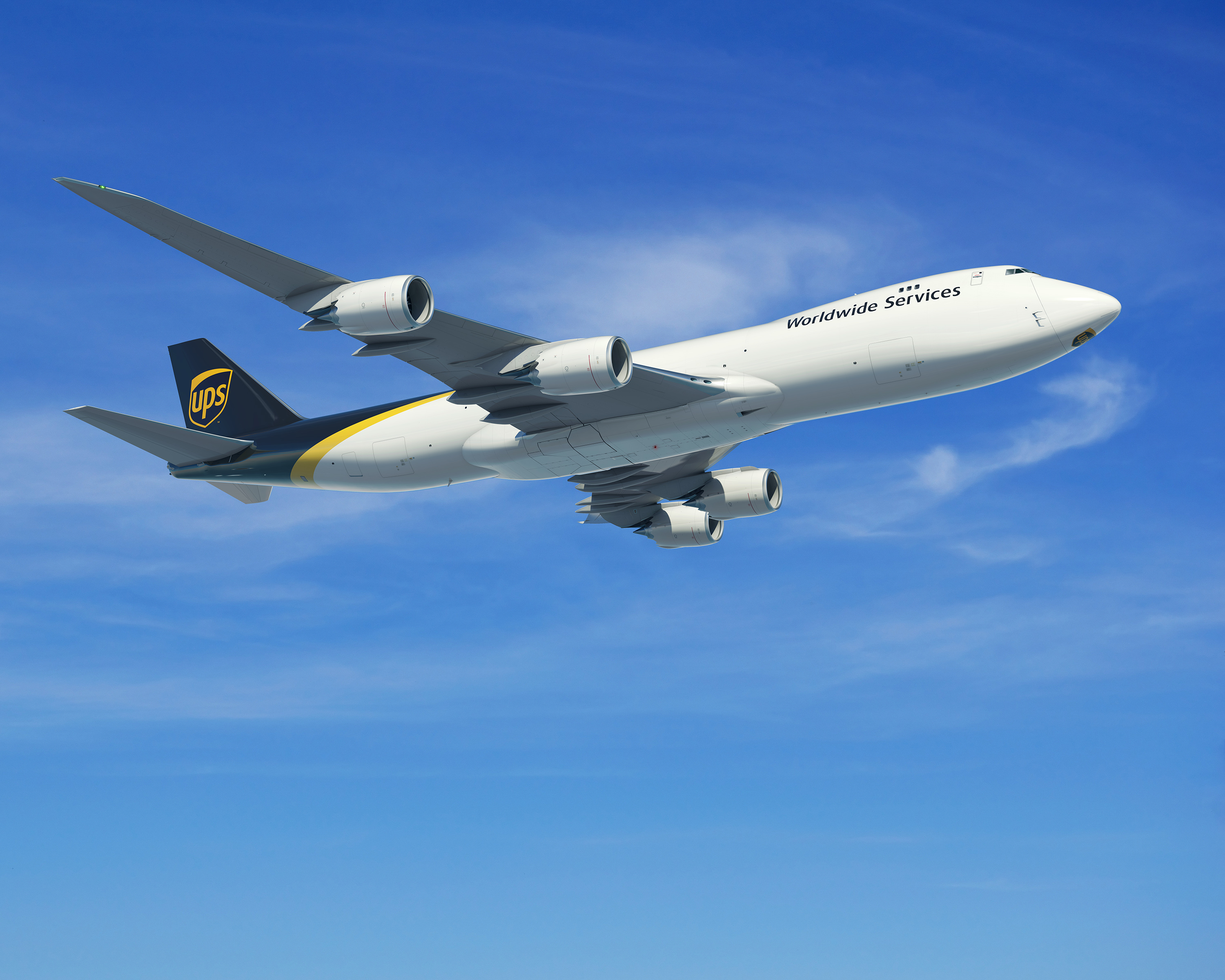 A UPS Boeing 747 cargo plane in flight.