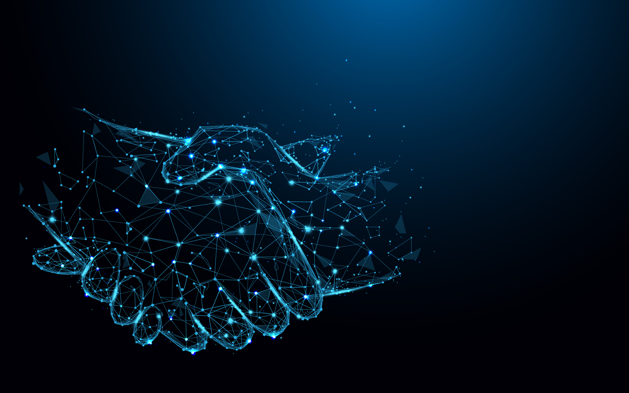Two hands (comprised of networking connections) shaking against a dark background.