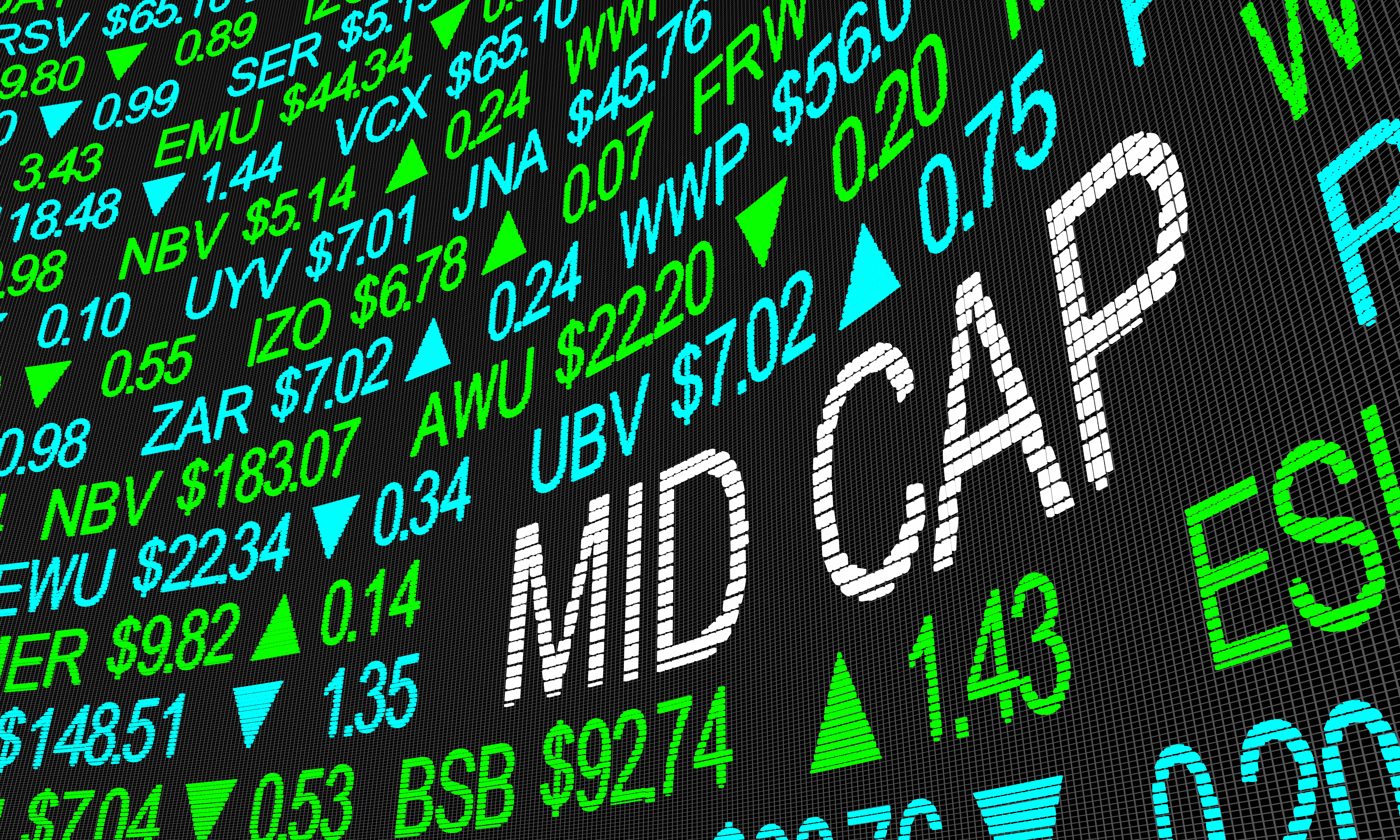 blue and green stock tickers with the words MID CAP written among them