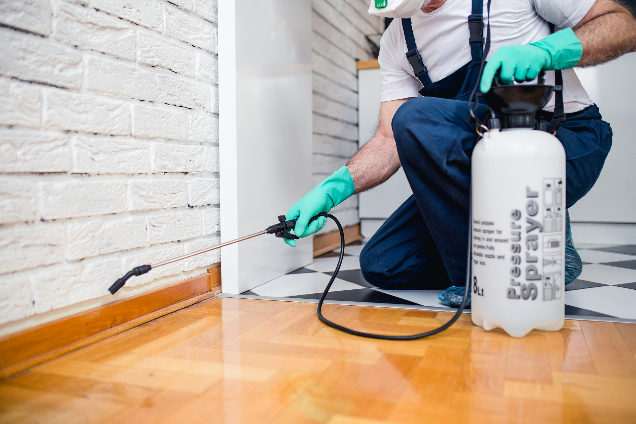An exterminator sprays the floorboards of a house.
