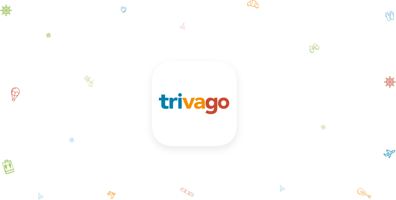 Trivago logo with small colored symbols around it.