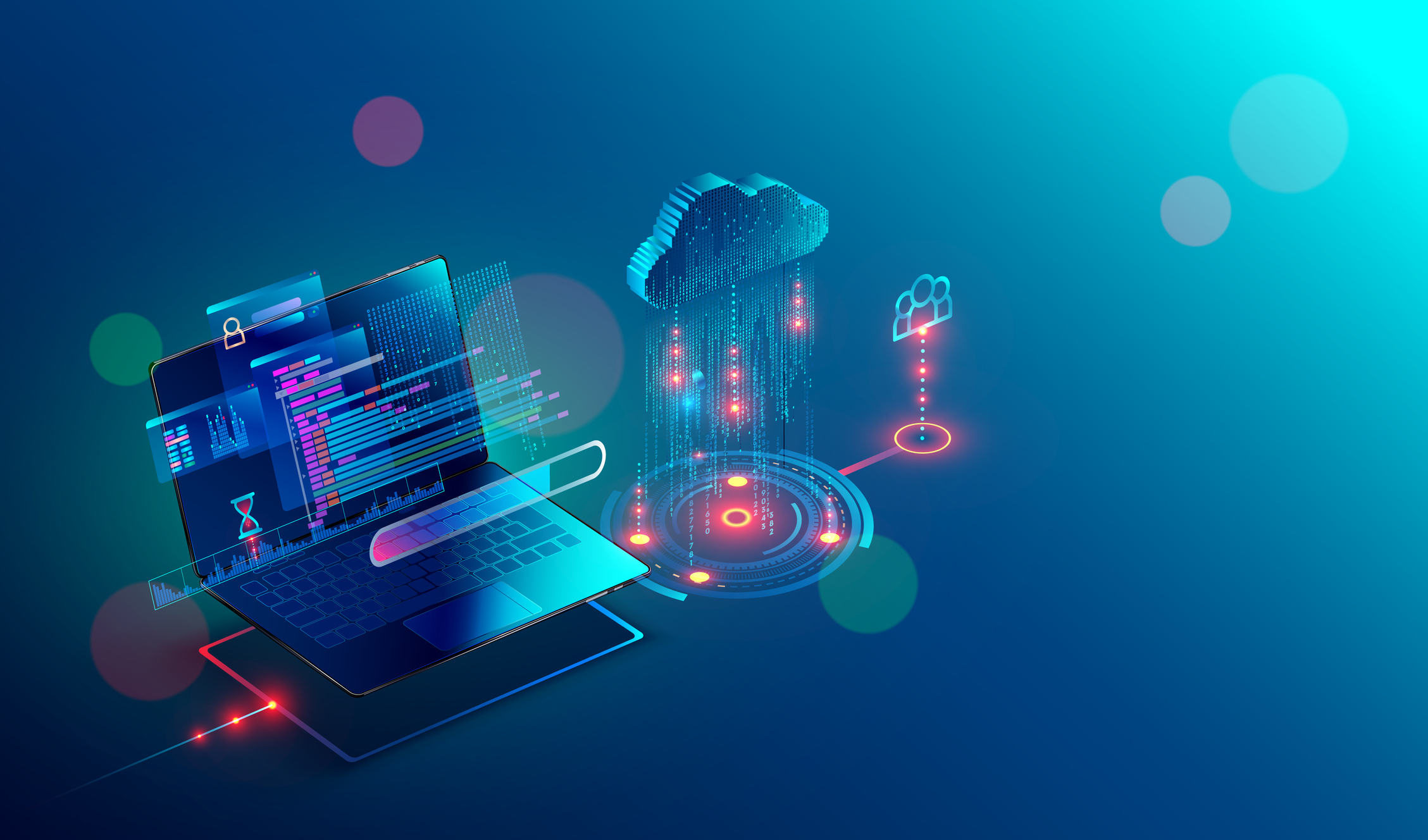 A digital illustration of a laptop linked to a cloud network.