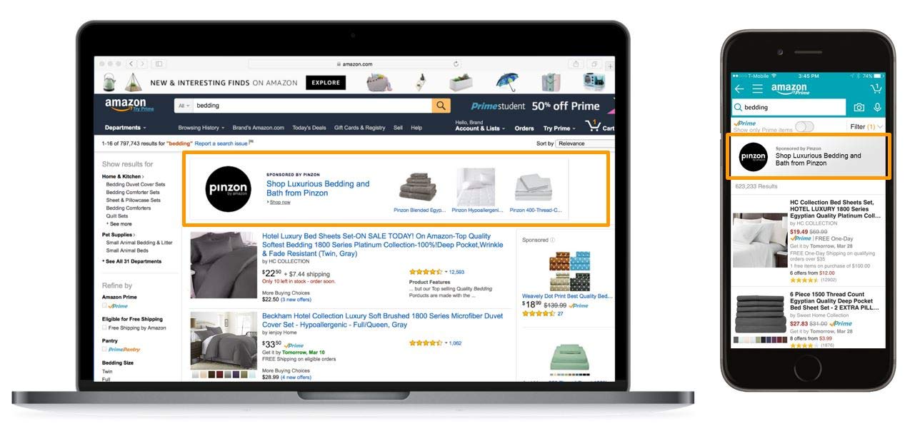 Screenshots on a laptop and a smartphone highlighting promoted brand ads on Amazon's marketplace.