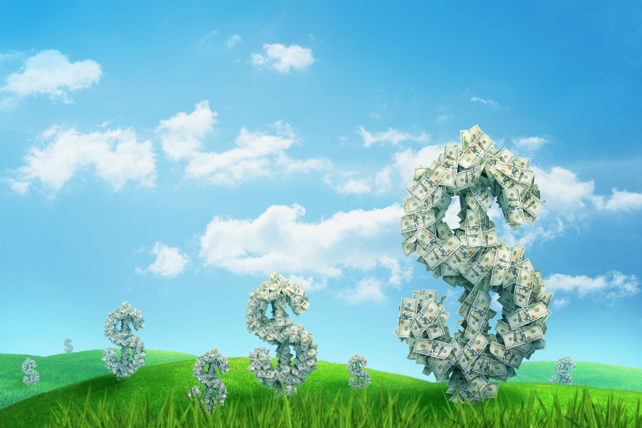 Dollar signs formed by cash throughout a field