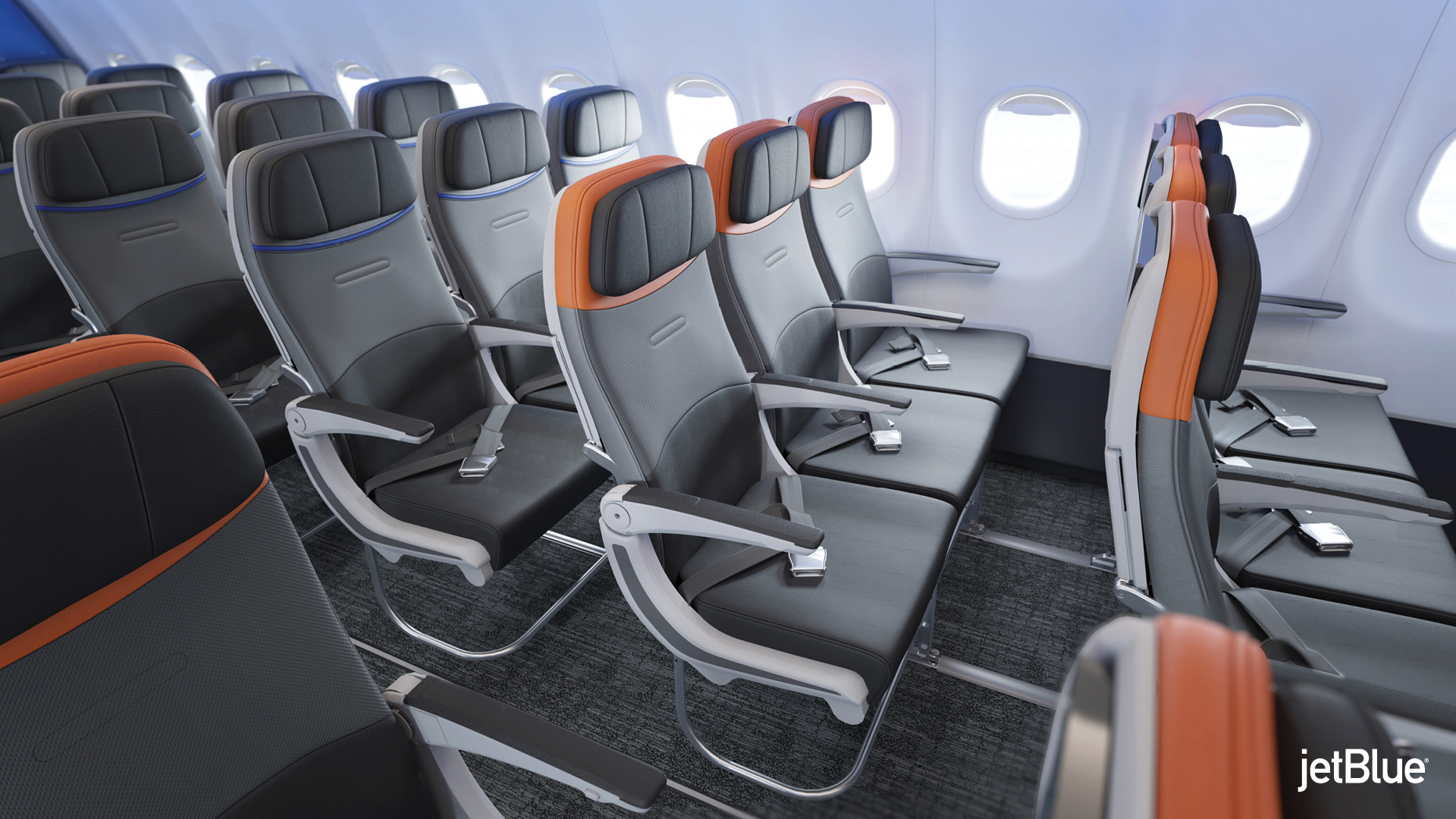 The interior of a renovated JetBlue aircraft