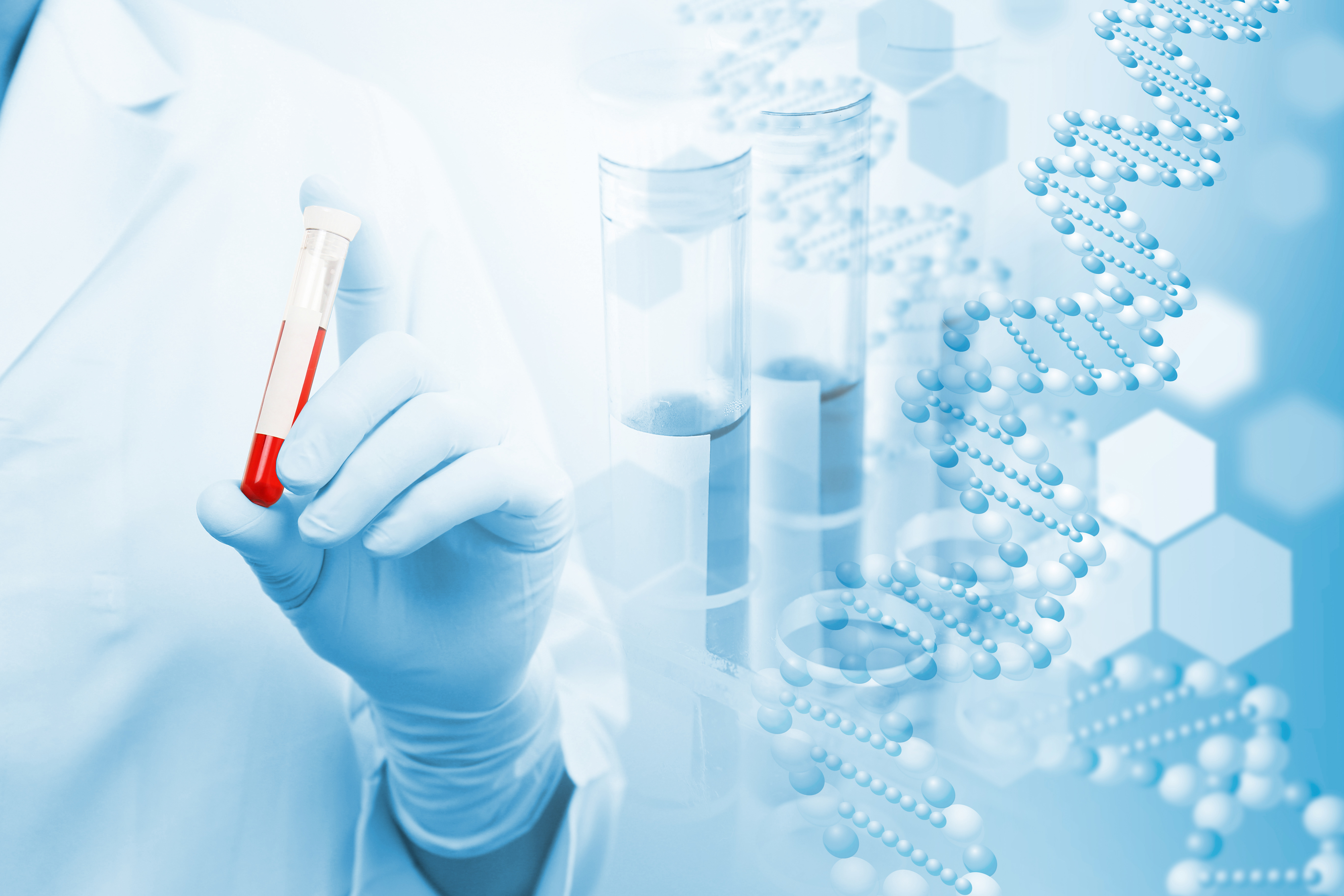 An image of a technician holding a blood vial next to an artistic depiction of a DNA helix