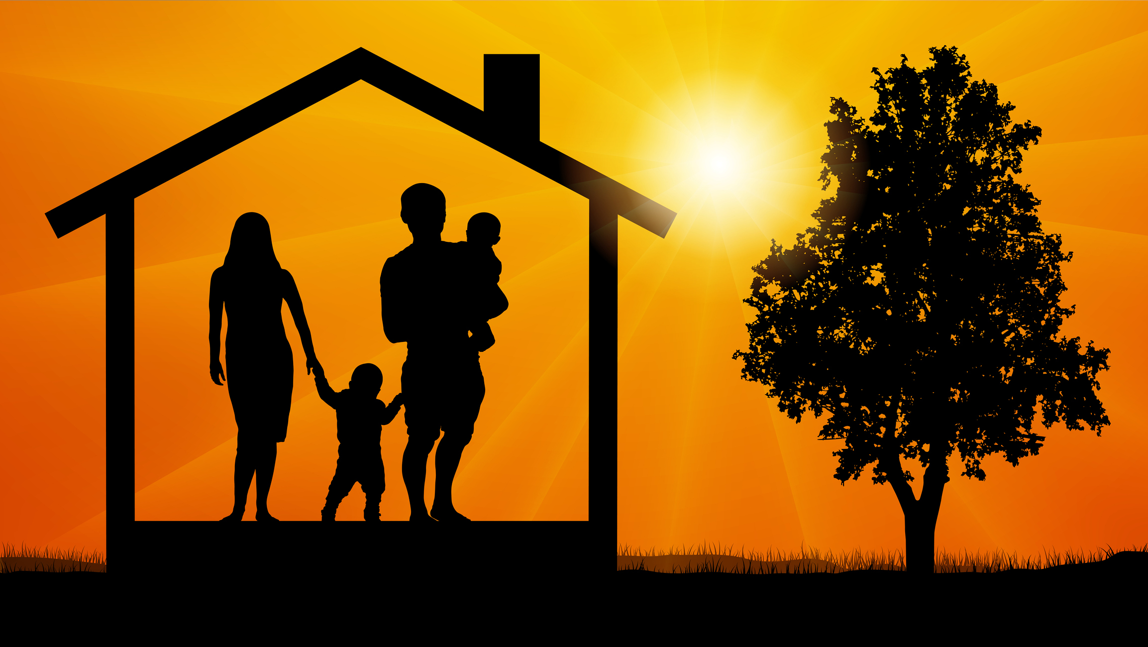 Stylized silhouette of young family inside a house frame set against a bright sun