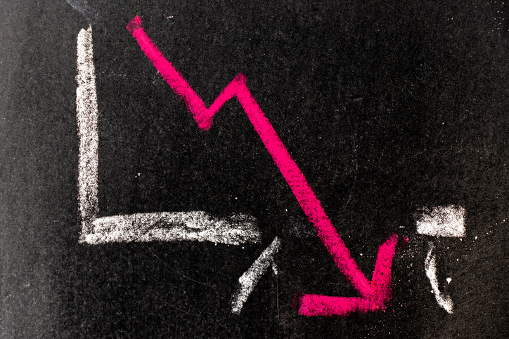 A pink arrow smashing through the x-axis on a chart.