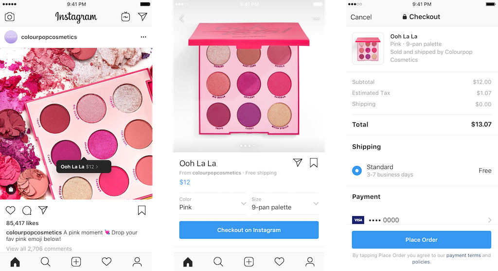 The checkout flow of Instagram Checkout.