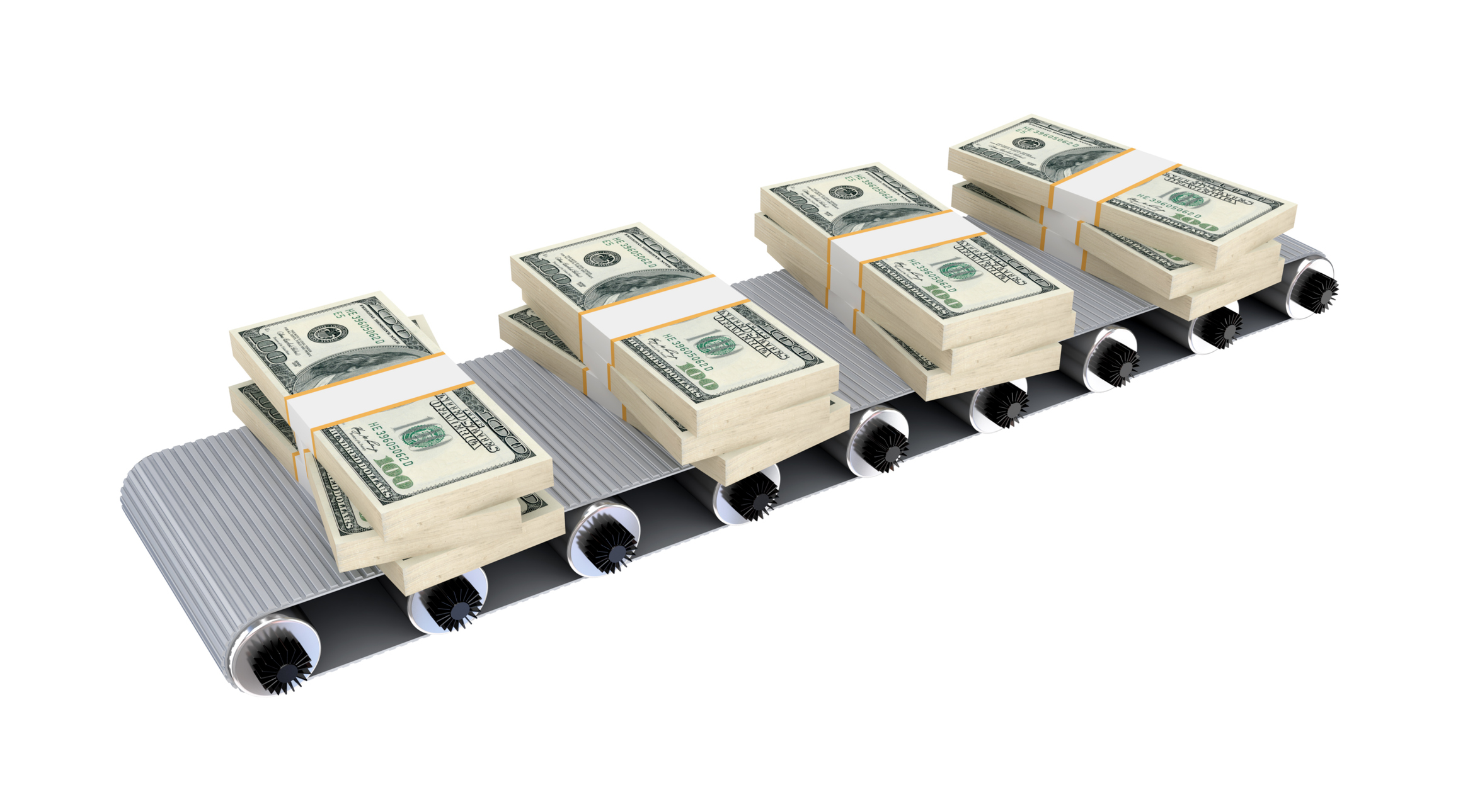 A conveyor belt with four piles of cash on it.