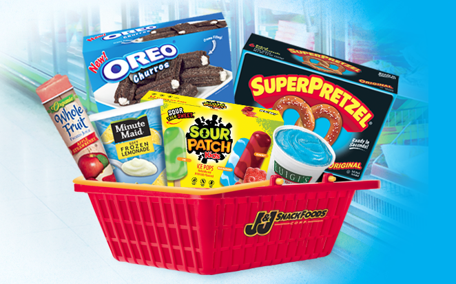 Red grocery store-type basket filled with various products made by the J&J Snack Foods, including SuperPretzel soft pretzels and Luigi's Real Italian Ice.