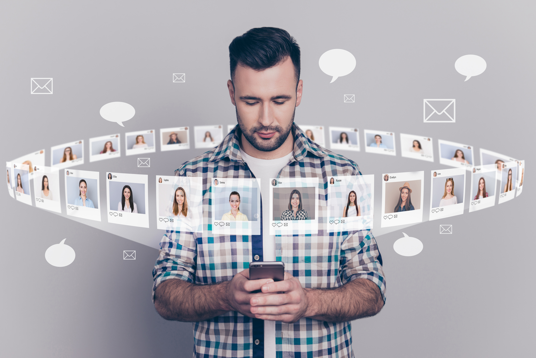 A man swipes through a carousel of photos on a social network.