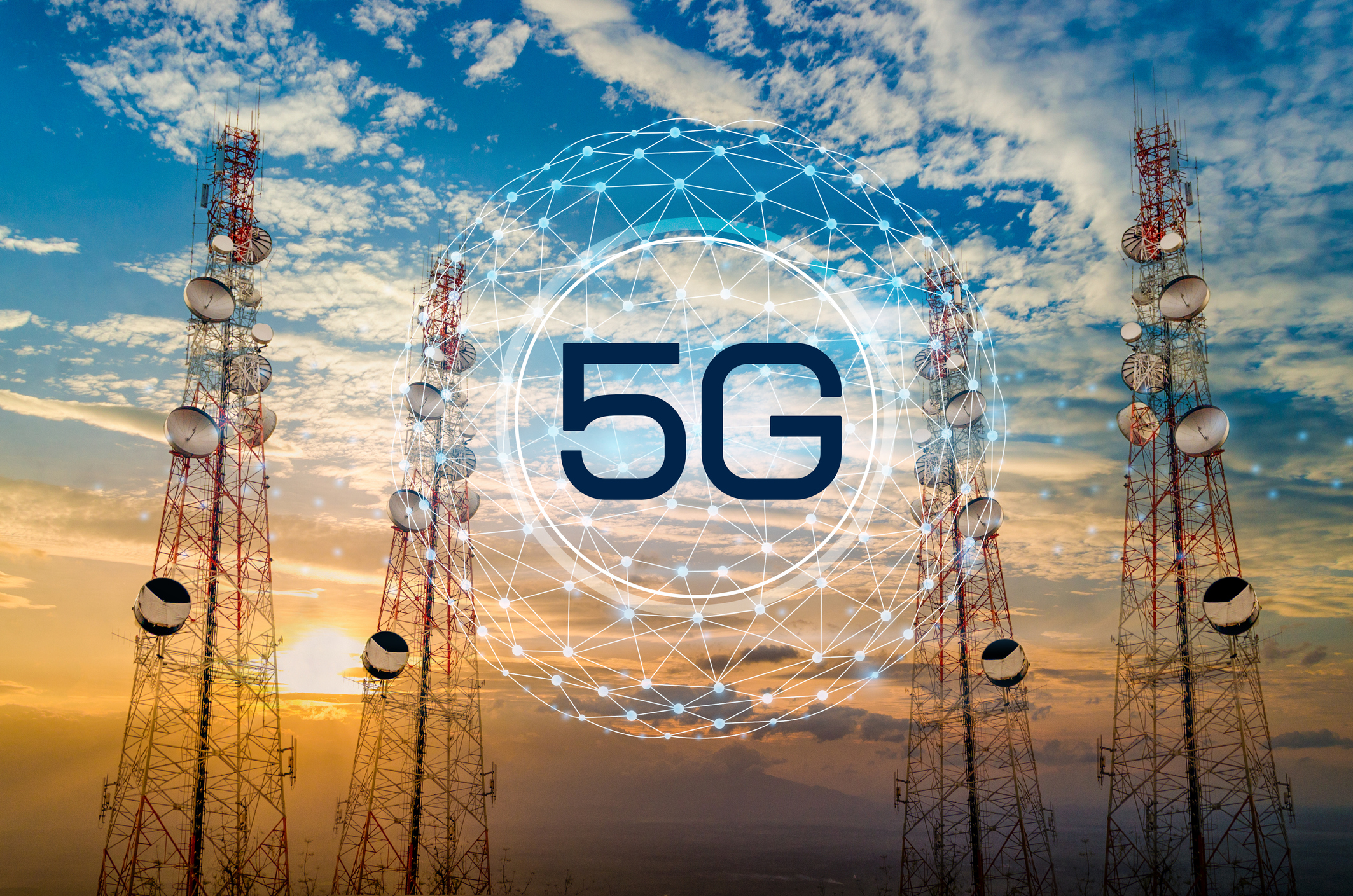 Four cell towers with radios on them and a circular animation between them with the words 5G.