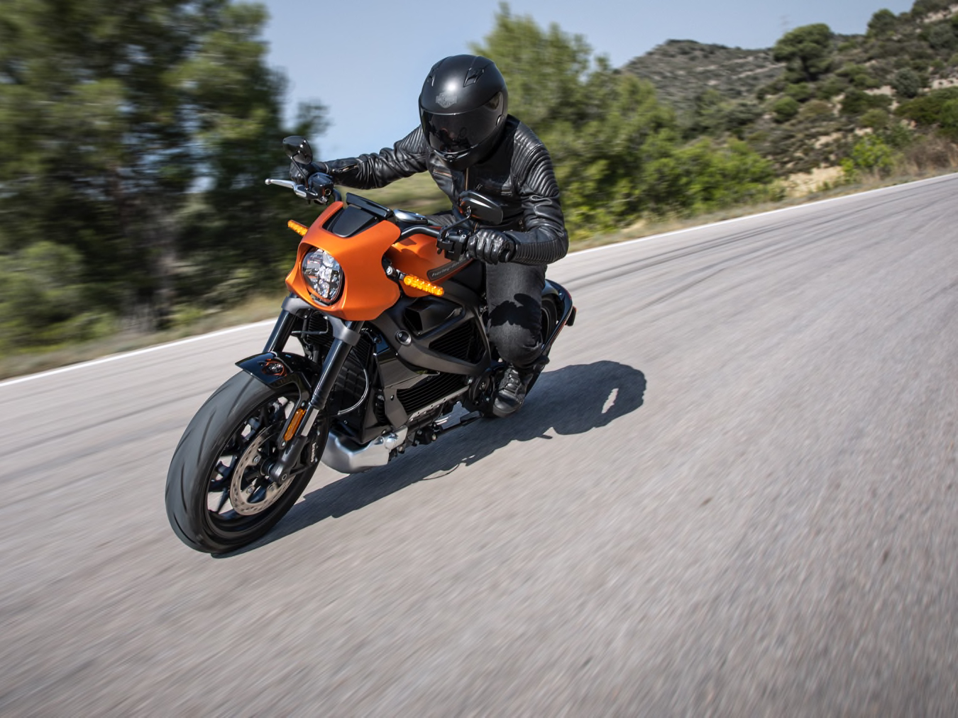 A rider on a Harley-Davidson Livewire electric motorcycle