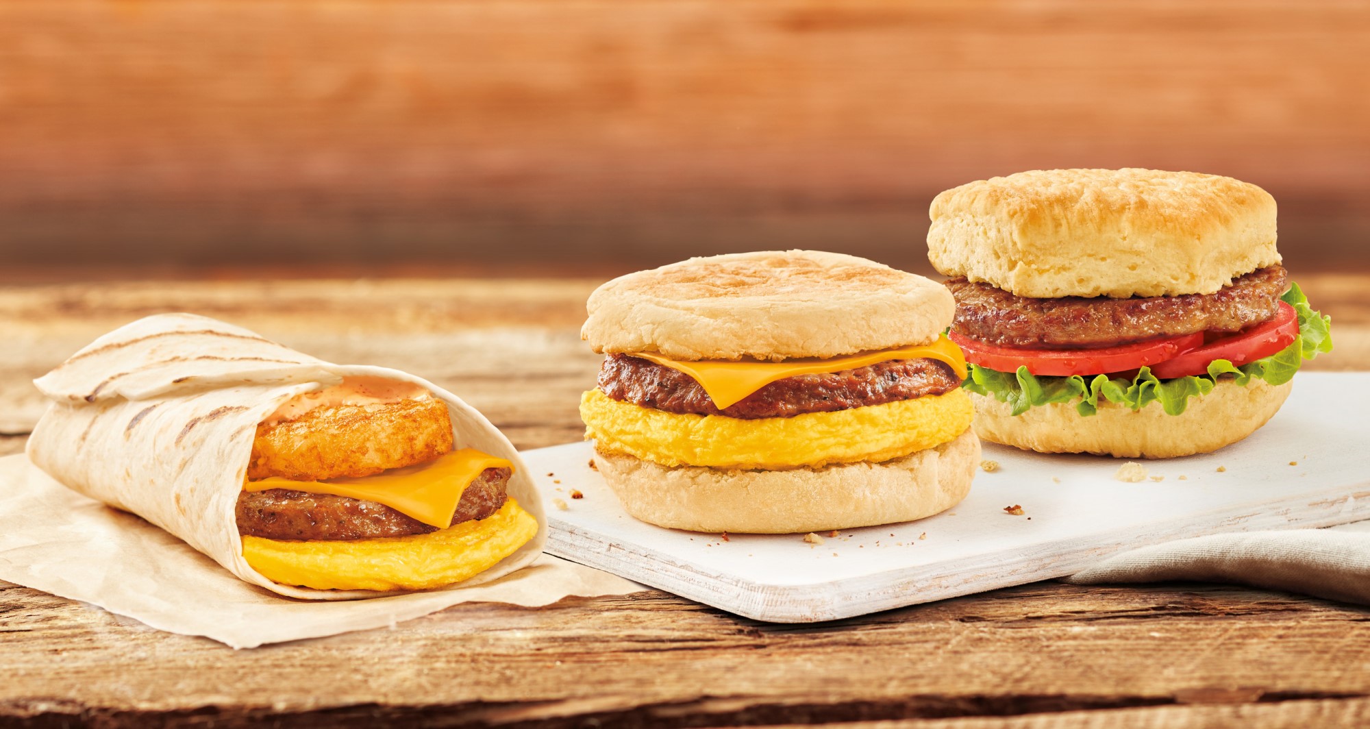 Three Beyond Meat breakfast sandwiches.