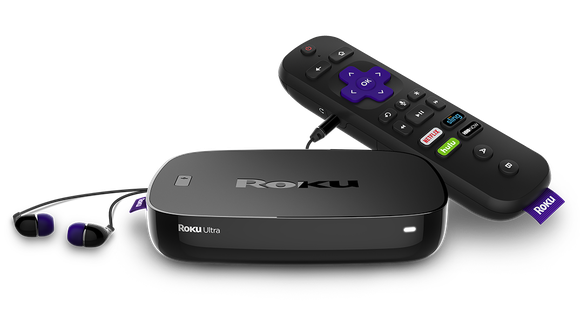 Roku OTT device, remote, and earbuds