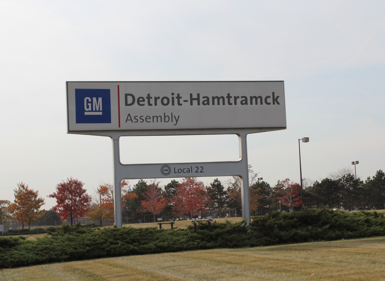 A sign outside General Motors' Detroit-Hamtramck Assembly Plant.