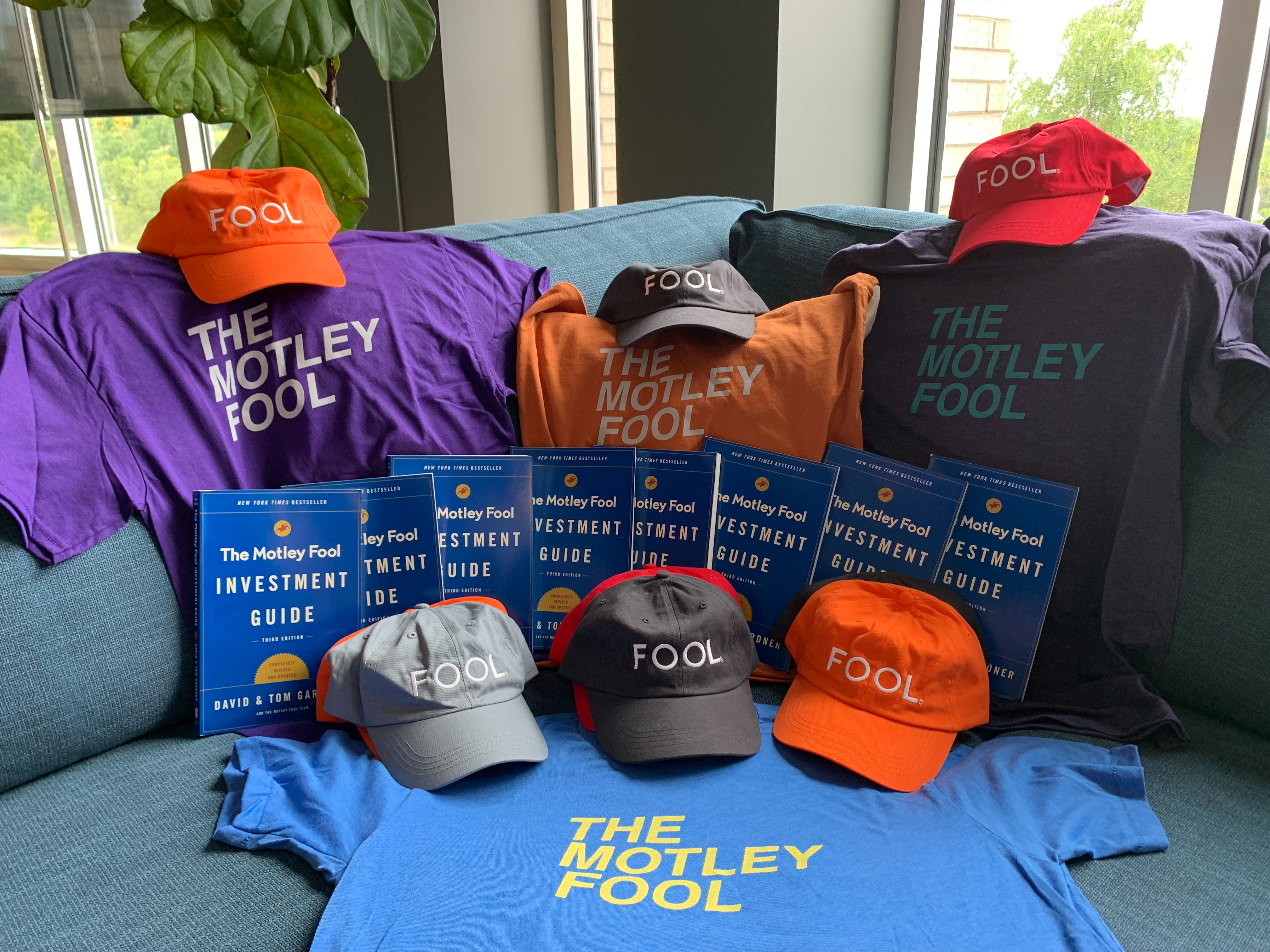 Picture of prize hats, shirts, and books