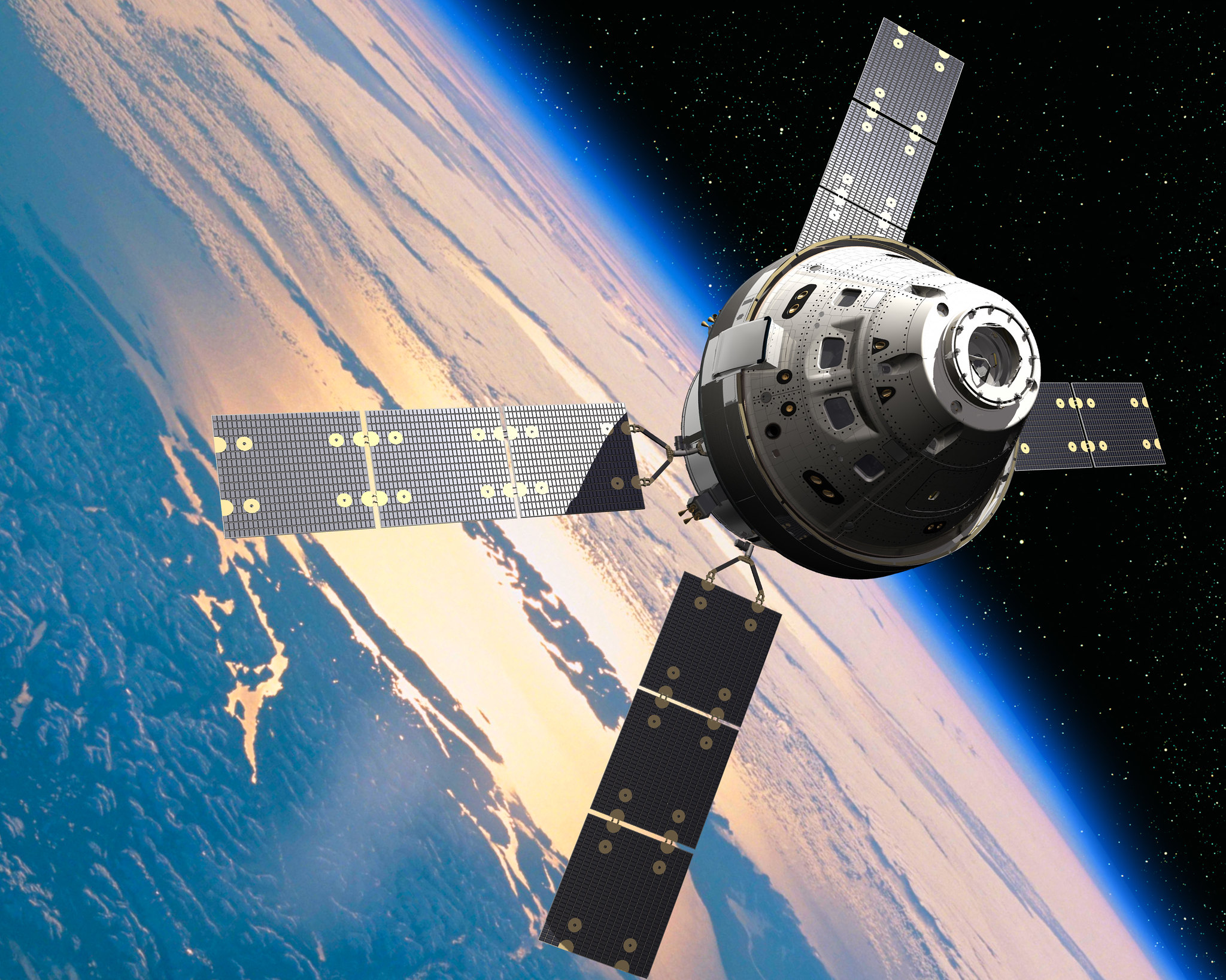 A rendering of the Orion spacecraft over the earth.