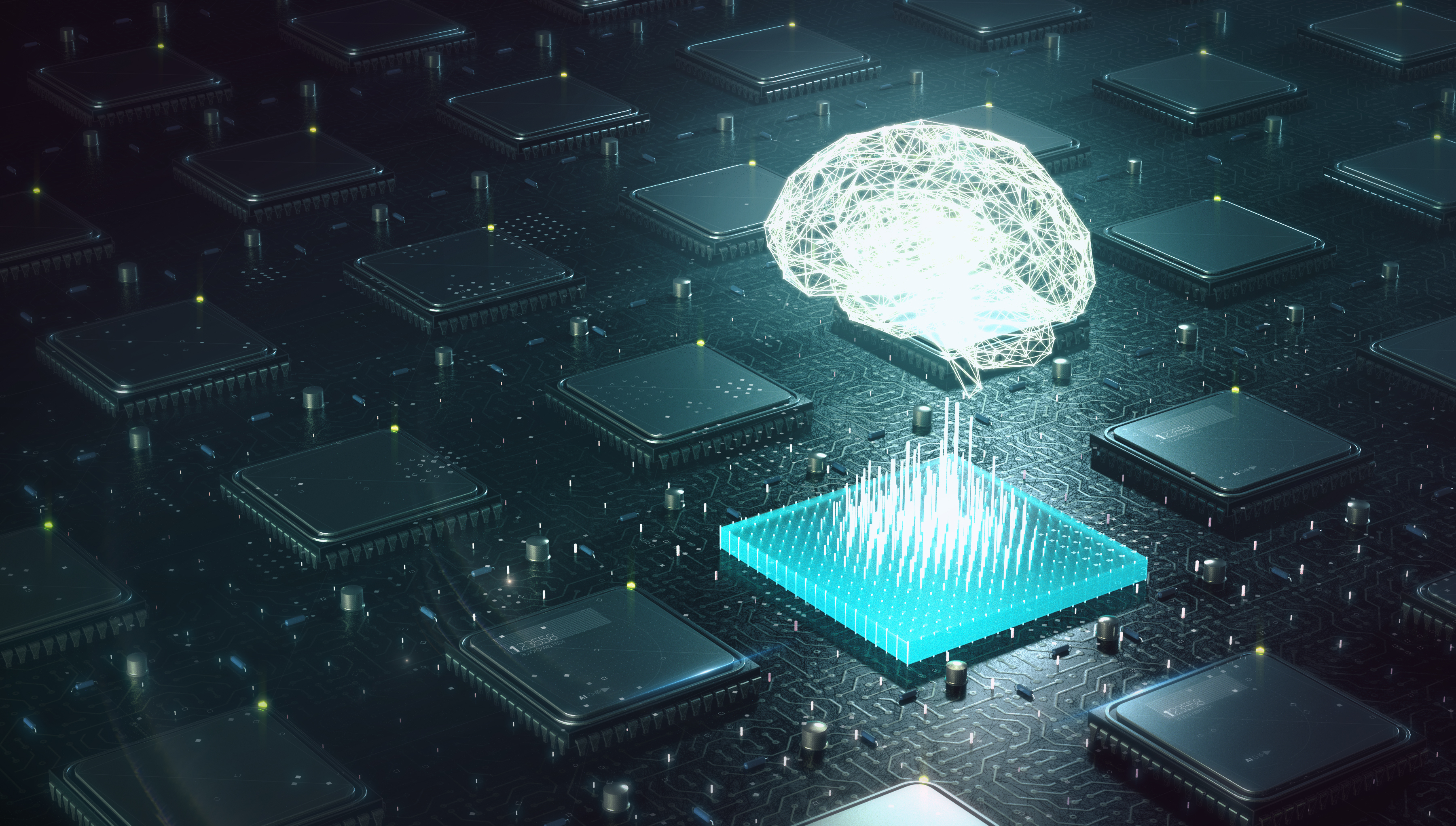 A digitalized brain hovering above a circuit