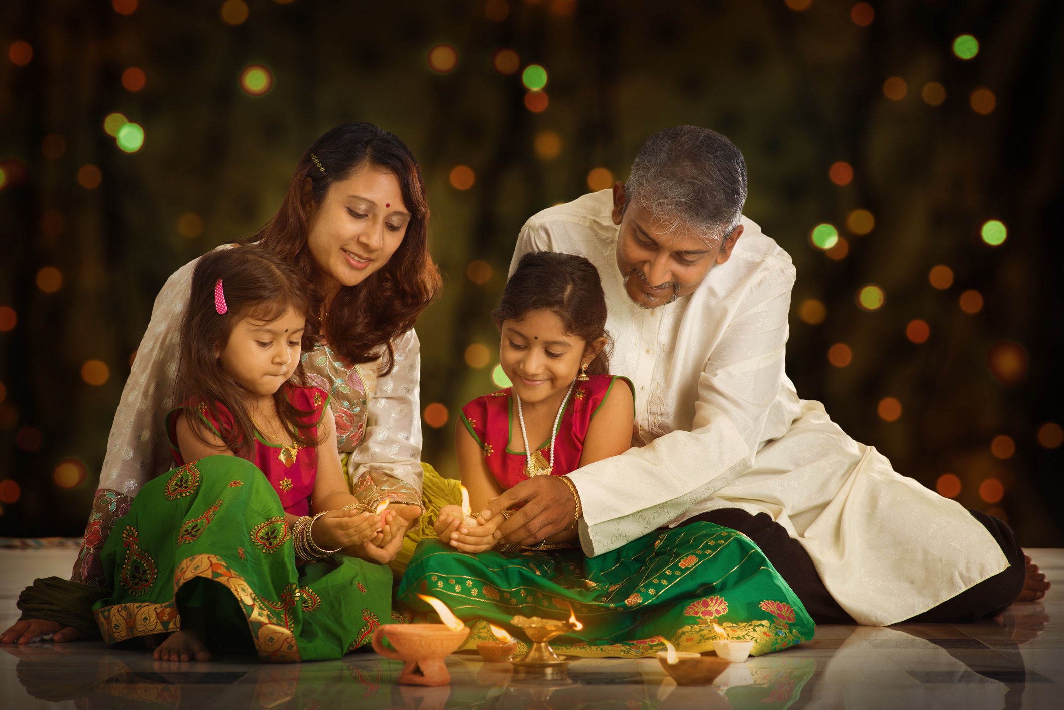 An Indian family celebrates Diwali.