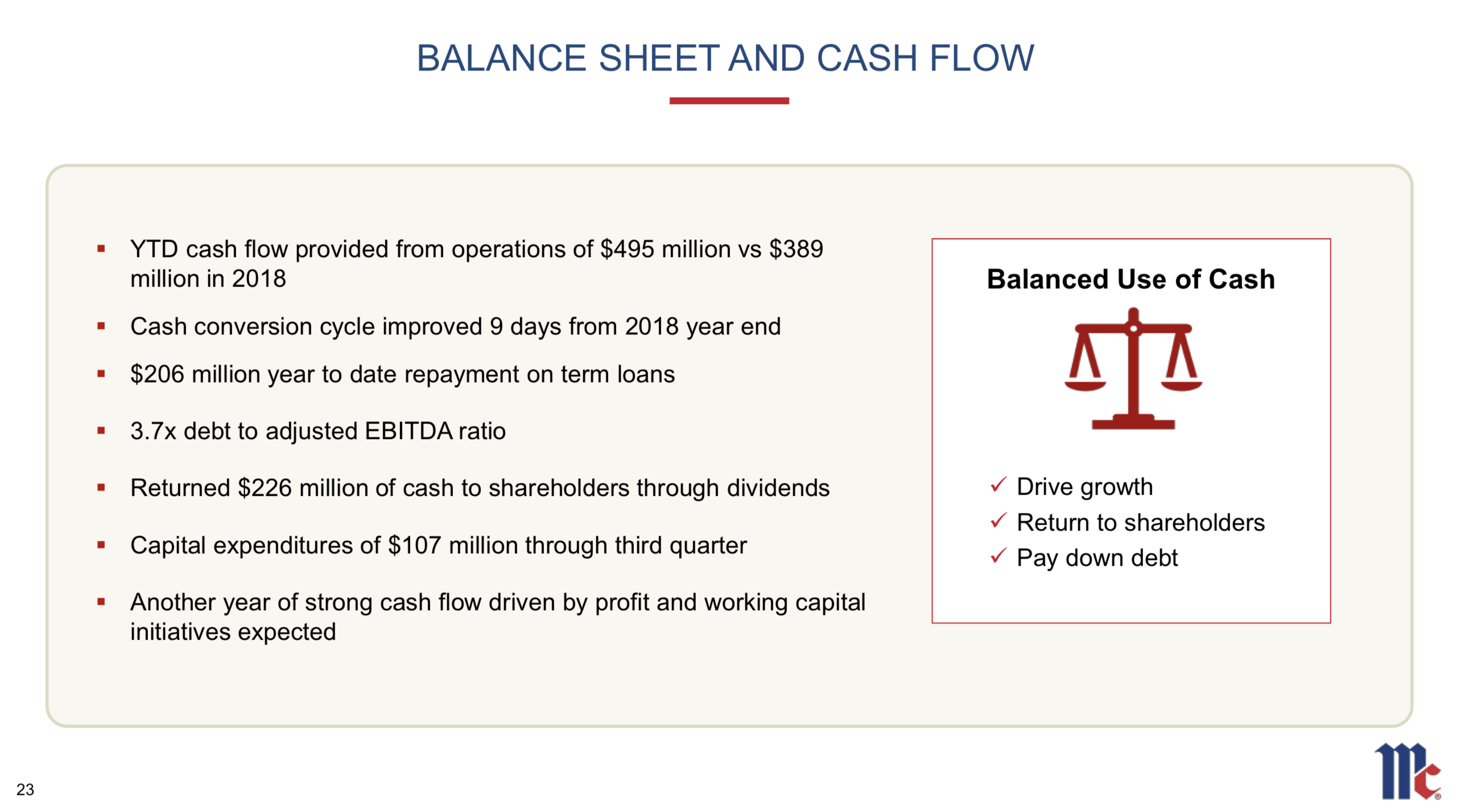 A slide showing takeaways on cash flow.
