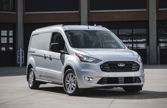 A silver Ford Transit Connect, a compact commercial van.