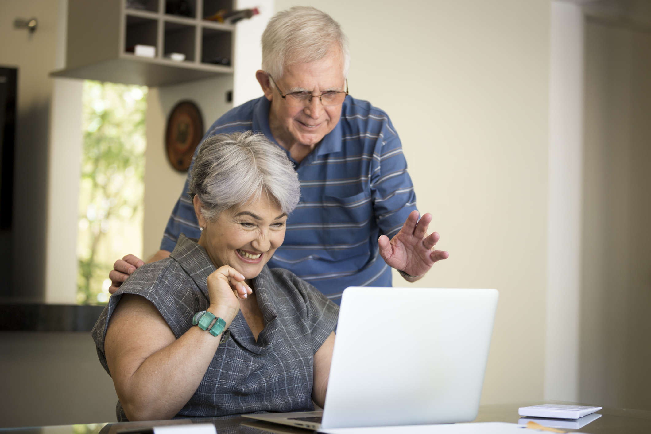 An older couple looks excitedly at a laptop screen.