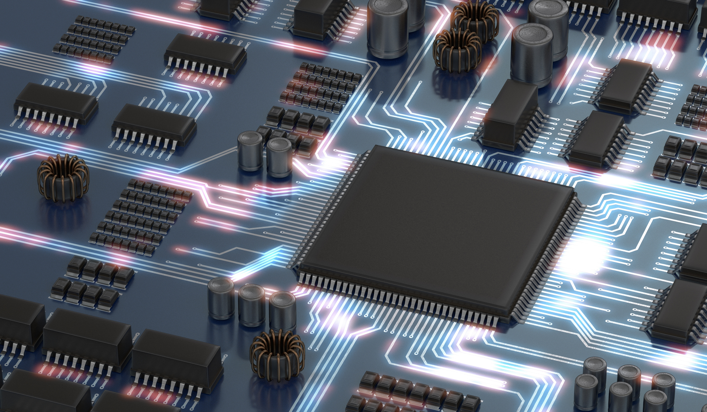 graphic of an electric circuit with a processor and memory and glowing illumination of signals running between them.