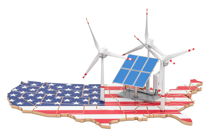 A map of the United States with wind turbines and a solar module sitting on top.