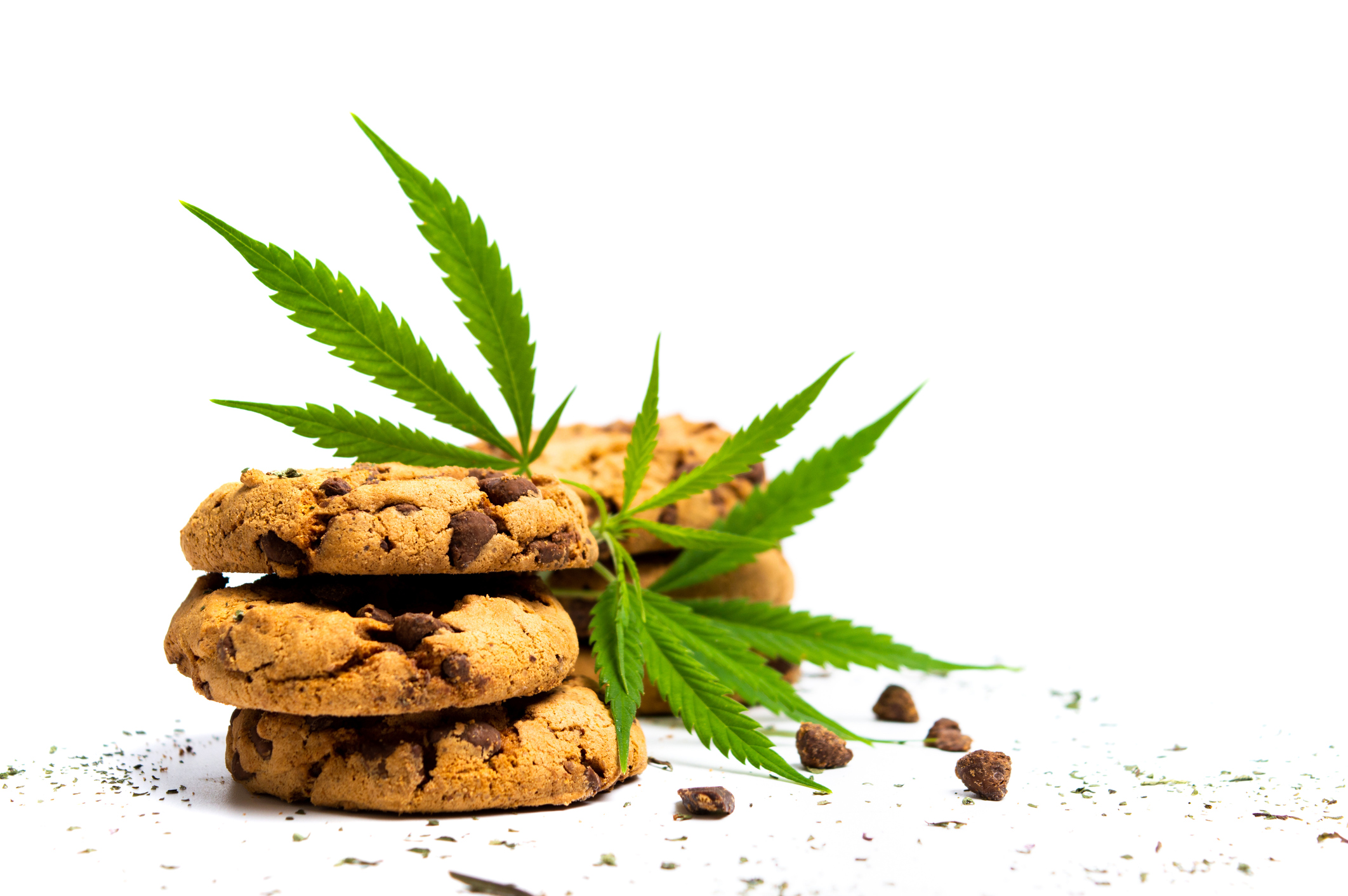 Chocolate chip cookies with marijuana isolated on white