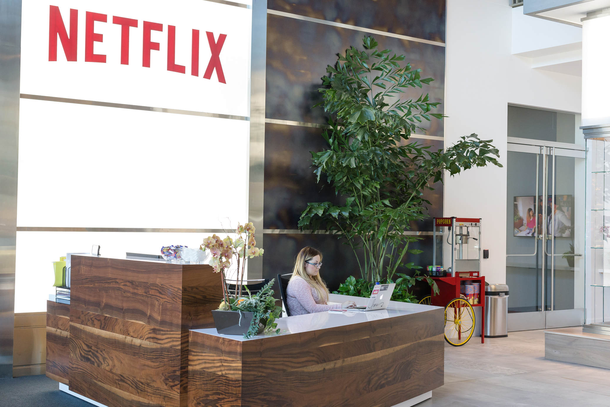 The Netflix logo above a reception desk at the company's Los Gatos headquarters